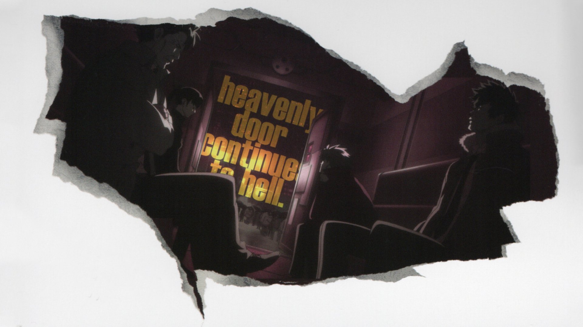 Anime Psycho-Pass HD PC desktop wallpaper: torn-paper reveal into a dark, neon-lit room with silhouetted characters and a glowing sign reading heavenly door continue to hell.