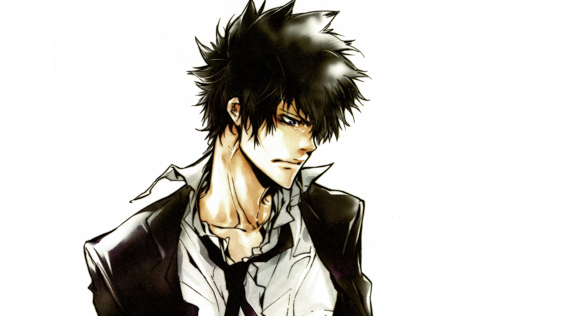 HD PC desktop wallpaper featuring Shinya Kogami from the anime Psycho-Pass, showcasing his intense expression and spiky dark hair against a white background.