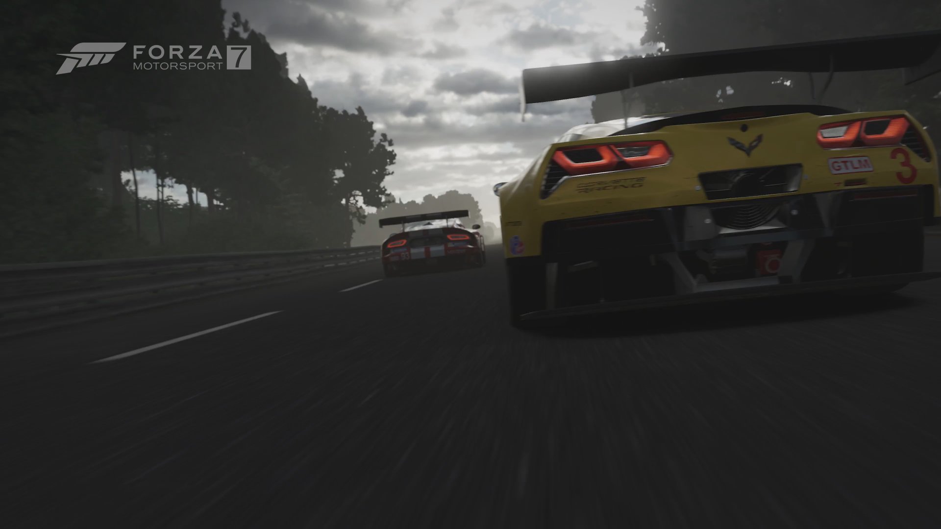 Dynamic rear-angle shot of a yellow Chevrolet Corvette C7.R racing on a wet track in the video game Forza Motorsport 7 — 4K Ultra HD PC desktop wallpaper.