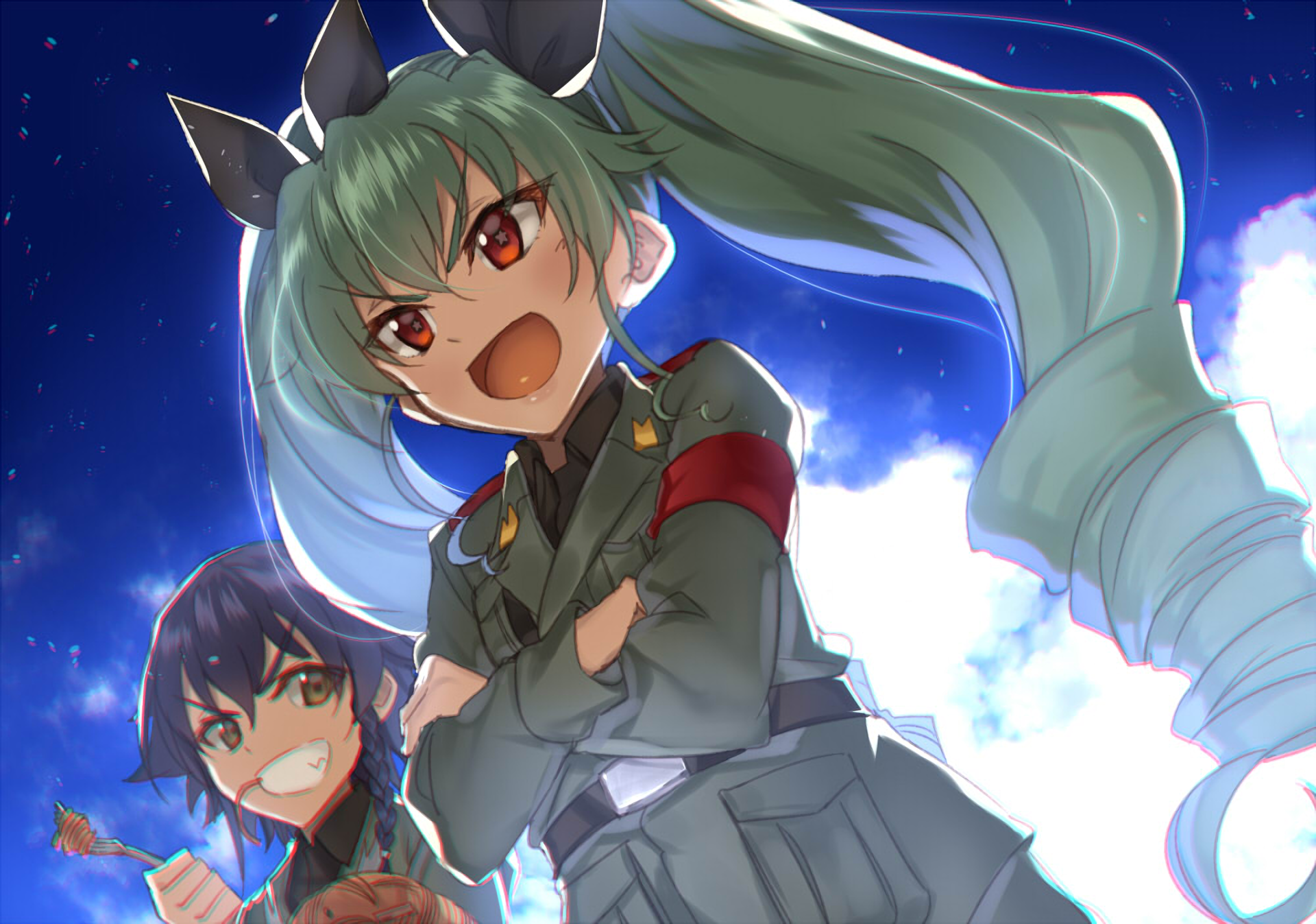 HD anime desktop wallpaper featuring Pepperoni and Anchovy from Girls und Panzer with dynamic expressions against a vibrant sky background.