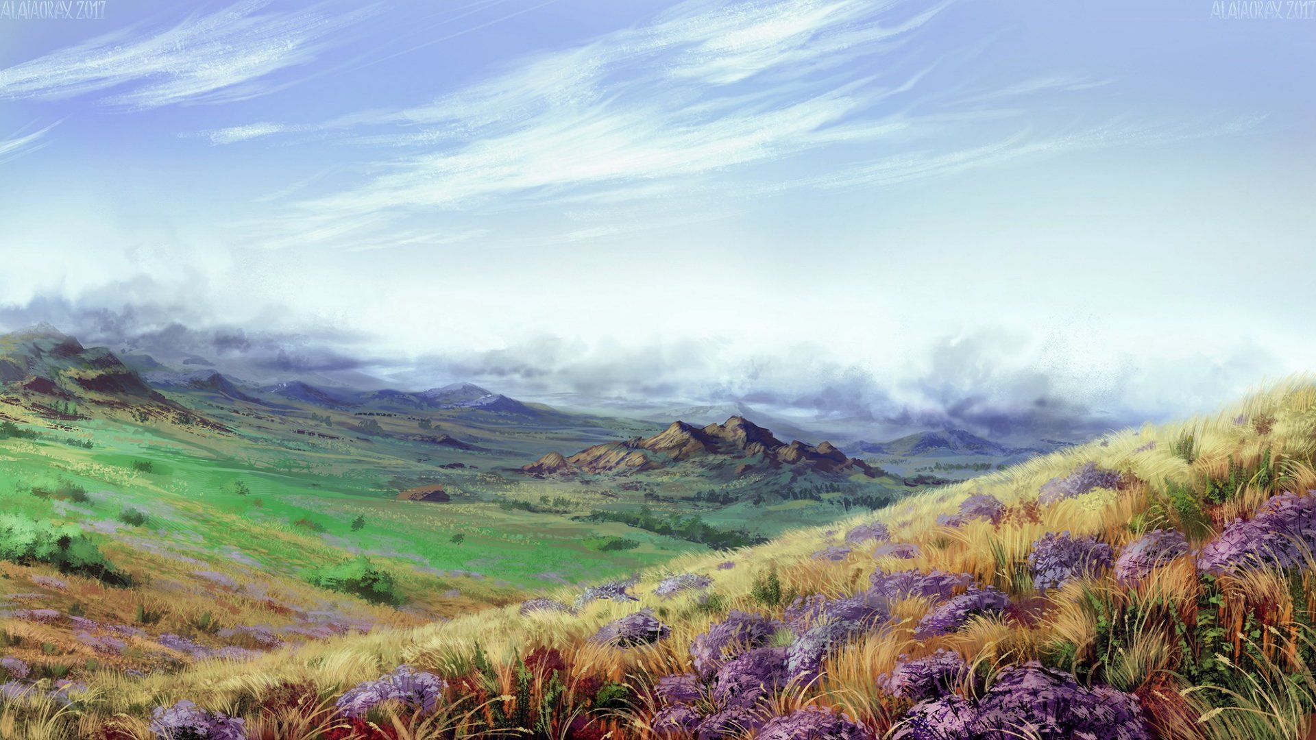 Artistic HD landscape wallpaper featuring a vibrant flower-covered hillside beneath a vast, clear sky, blending nature's beauty with serene, expansive scenery.