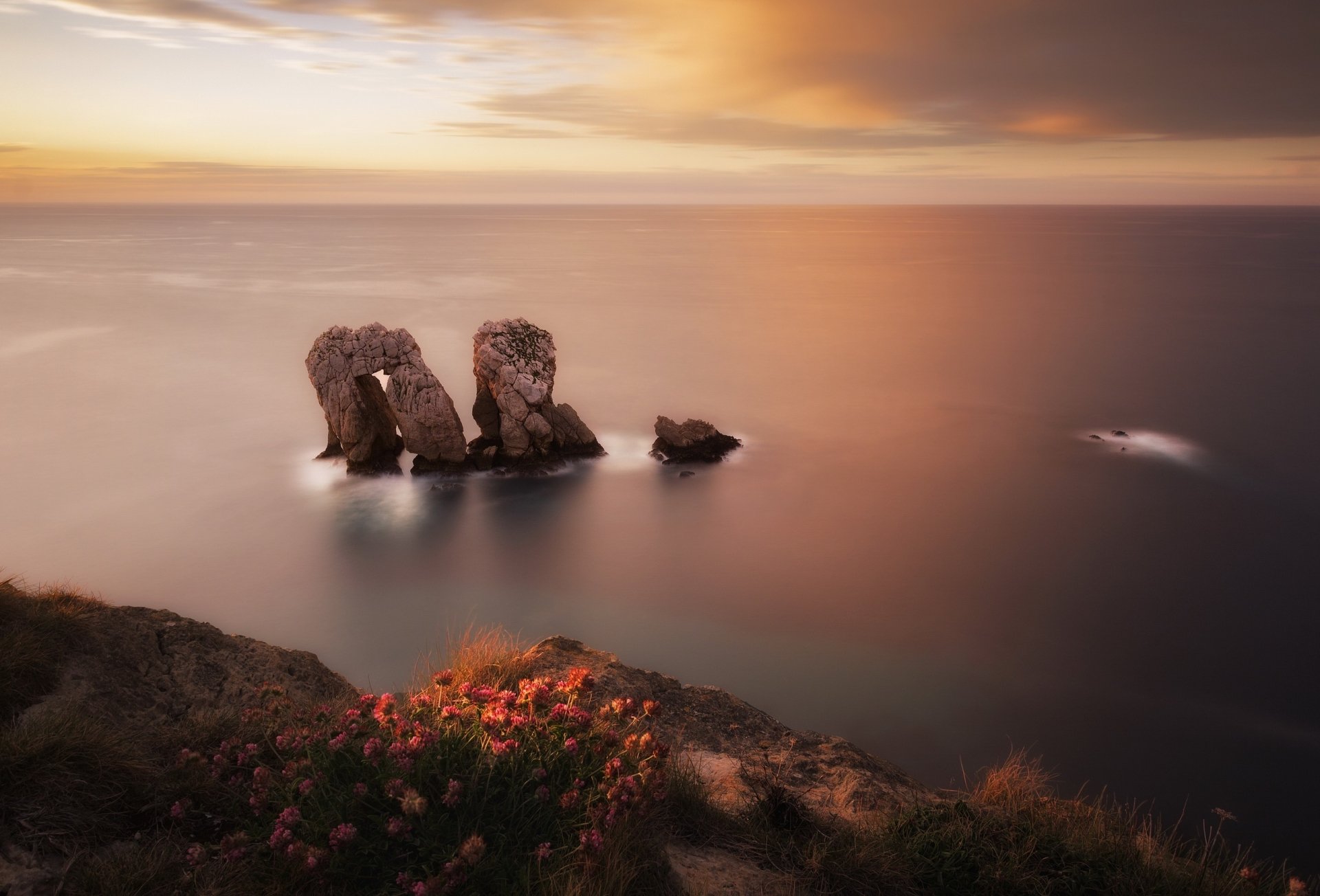 HD PC desktop wallpaper featuring a serene ocean view with rocky formations near the horizon, framed by soft clouds and vibrant coastal flowers in the foreground.