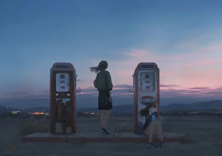 Anime-style HD desktop wallpaper featuring a character with long black hair standing between two vintage gas pumps at dusk.