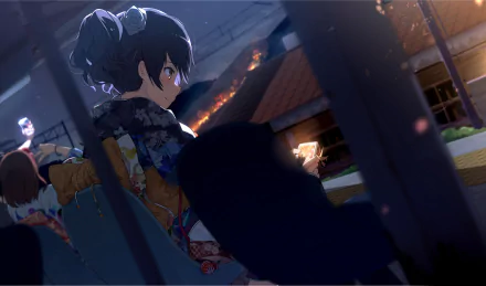 HD PC desktop wallpaper: original anime night scene of a girl in a kimono with ribboned bow, holding a lantern amid glowing festival lights.