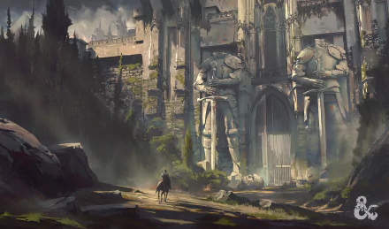 HD wallpaper featuring a Dungeons & Dragons fantasy landscape with a lone rider on horseback approaching a grand castle gate adorned with massive statues in a mystical, overgrown environment.
