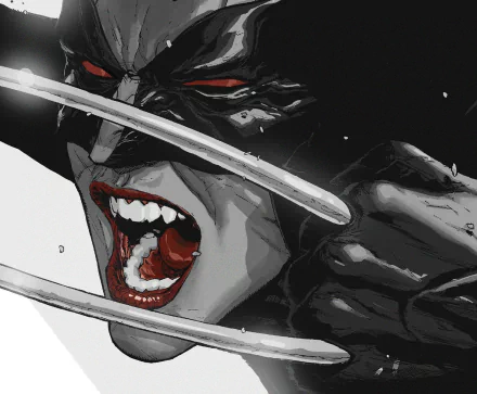 Comic HD PC desktop wallpaper: close-up of X-23 snarling, bared teeth and blood-red lips, crossed adamantium claws and intense red eyes in high-contrast comic art.