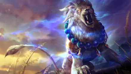 4K Ultra HD wallpaper of Leo, the lion hero from the video game Heroes of Newerth, roaring fiercely against a vibrant, stormy sky background.