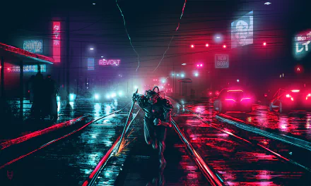 A high-definition cyberpunk-themed wallpaper featuring a neon-lit street with futuristic signage, cars, and a figure running down tram tracks in a rainy, sci-fi cityscape.
