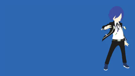 Minimalist HD desktop wallpaper of Minato Arisato (Makoto Yuki) from Persona 3 / Persona Q: Shadow of the Labyrinth — stylized figure on a blue background.