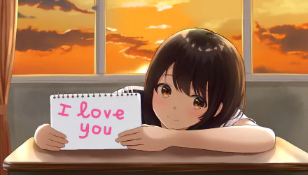 Anime-style schoolgirl resting on a desk by a window at sunset, holding a sign that says I love you, captured in a vibrant HD desktop wallpaper background.