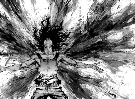 Black and white HD PC desktop wallpaper from the anime Sun-Ken Rock, featuring a dramatic figure with flowing hair and outstretched arms amidst intense dynamic strokes.