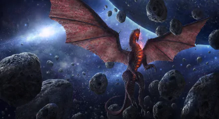 A fantasy-themed HD desktop wallpaper depicting a majestic dragon soaring through an asteroid field in the depths of space.