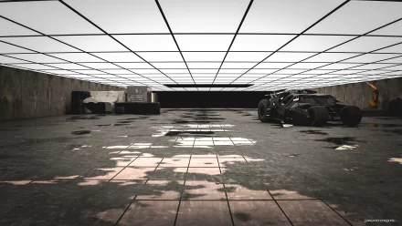 3D CGI Batmobile Tumbler from DC Comics' The Dark Knight, showcased in the Batcave, rendered as a 4K Ultra HD PC desktop wallpaper background.