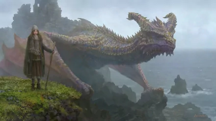 A HD fantasy sea-themed desktop wallpaper featuring a person standing on a cliff beside a majestic dragon with rocky outcrops and turbulent sea in the background.