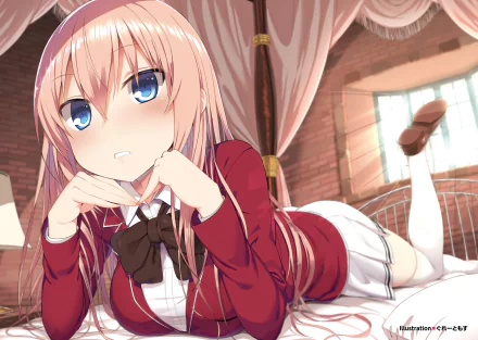 An HD desktop wallpaper of Honami Ichinose from Classroom of the Elite. She has long blonde hair, blue eyes, and a blush, lying down in a relaxed position, wearing thigh highs and a school uniform.