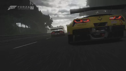 Dynamic rear-angle shot of a yellow Chevrolet Corvette C7.R racing on a wet track in the video game Forza Motorsport 7 — 4K Ultra HD PC desktop wallpaper.