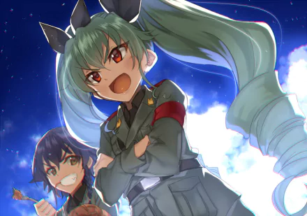 HD anime desktop wallpaper featuring Pepperoni and Anchovy from Girls und Panzer with dynamic expressions against a vibrant sky background.
