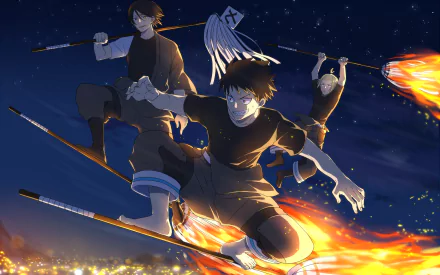 HD desktop wallpaper of Fire Force, featuring three anime characters in dynamic poses with flaming weapons against a starry night backdrop.