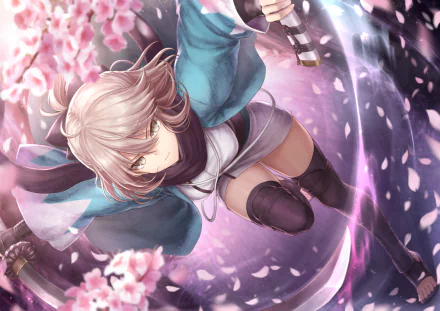 HD wallpaper of Sakura Saber from the Fate Series, depicted in an action pose amid cherry blossoms, from the game Fate/Grand Order.