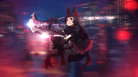 HD desktop wallpaper featuring Rory Mercury from the anime Gate: Jieitai Kanochi nite Kaku Tatakaeri (2015), showcasing her in dynamic action against a background of vibrant city lights.