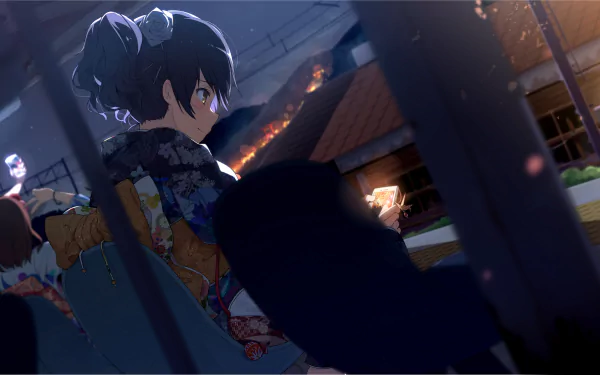 HD PC desktop wallpaper: original anime night scene of a girl in a kimono with ribboned bow, holding a lantern amid glowing festival lights.