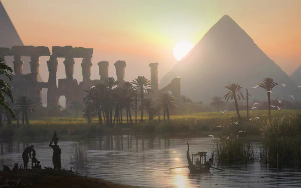HD desktop wallpaper of a sunrise over pyramids and ancient ruins in Egypt, from the video game Assassin's Creed Origins. Set by a tranquil river with palm trees and a small boat in the foreground.