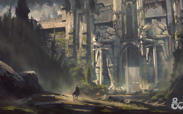 Fantasy Castle Castles Statue Horse Giant Landscape Building Gate HD Wallpaper | Background Image