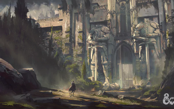 HD wallpaper featuring a Dungeons & Dragons fantasy landscape with a lone rider on horseback approaching a grand castle gate adorned with massive statues in a mystical, overgrown environment.