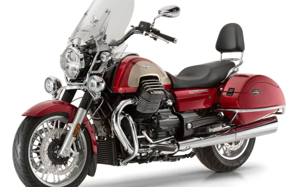 HD desktop wallpaper featuring a red Moto Guzzi California motorcycle with a windshield and saddlebags against a white background.