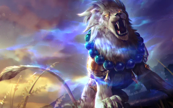 4K Ultra HD wallpaper of Leo, the lion hero from the video game Heroes of Newerth, roaring fiercely against a vibrant, stormy sky background.
