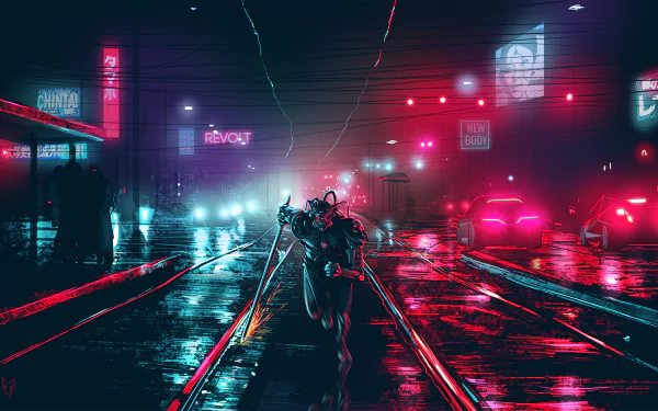 A high-definition cyberpunk-themed wallpaper featuring a neon-lit street with futuristic signage, cars, and a figure running down tram tracks in a rainy, sci-fi cityscape.