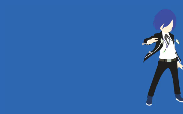 Minimalist HD desktop wallpaper of Minato Arisato (Makoto Yuki) from Persona 3 / Persona Q: Shadow of the Labyrinth — stylized figure on a blue background.