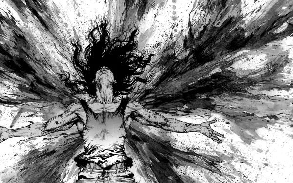 Black and white HD PC desktop wallpaper from the anime Sun-Ken Rock, featuring a dramatic figure with flowing hair and outstretched arms amidst intense dynamic strokes.