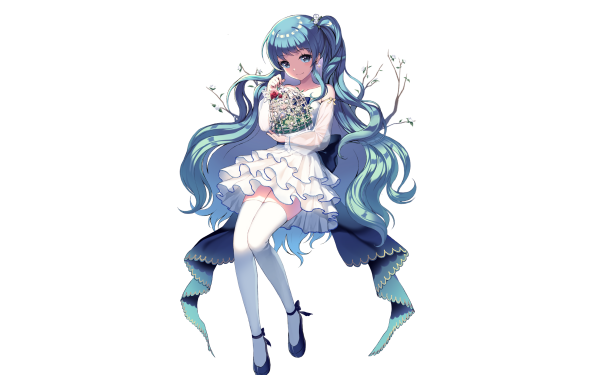 Anime Original Blue Hair Dress Thigh Highs Blue Eyes Flower HD Wallpaper | Background Image