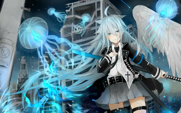 A striking anime character with white hair and blue eyes brandishes a katana amidst glowing jellyfish and ethereal wings, set against a futuristic backdrop. Original HD wallpaper art.