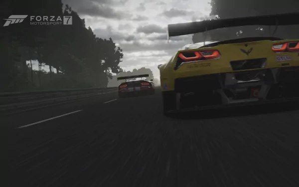 Dynamic rear-angle shot of a yellow Chevrolet Corvette C7.R racing on a wet track in the video game Forza Motorsport 7 — 4K Ultra HD PC desktop wallpaper.