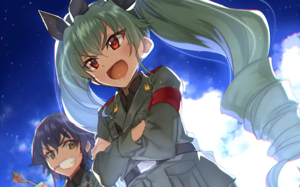 HD anime desktop wallpaper featuring Pepperoni and Anchovy from Girls und Panzer with dynamic expressions against a vibrant sky background.
