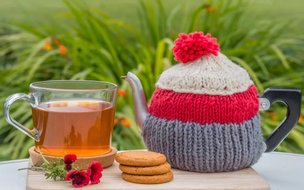 HD desktop wallpaper showing a glass cup of tea, a stack of cookies, and a teapot covered with a cozy knitted cover, set outdoors with green foliage in the background.
