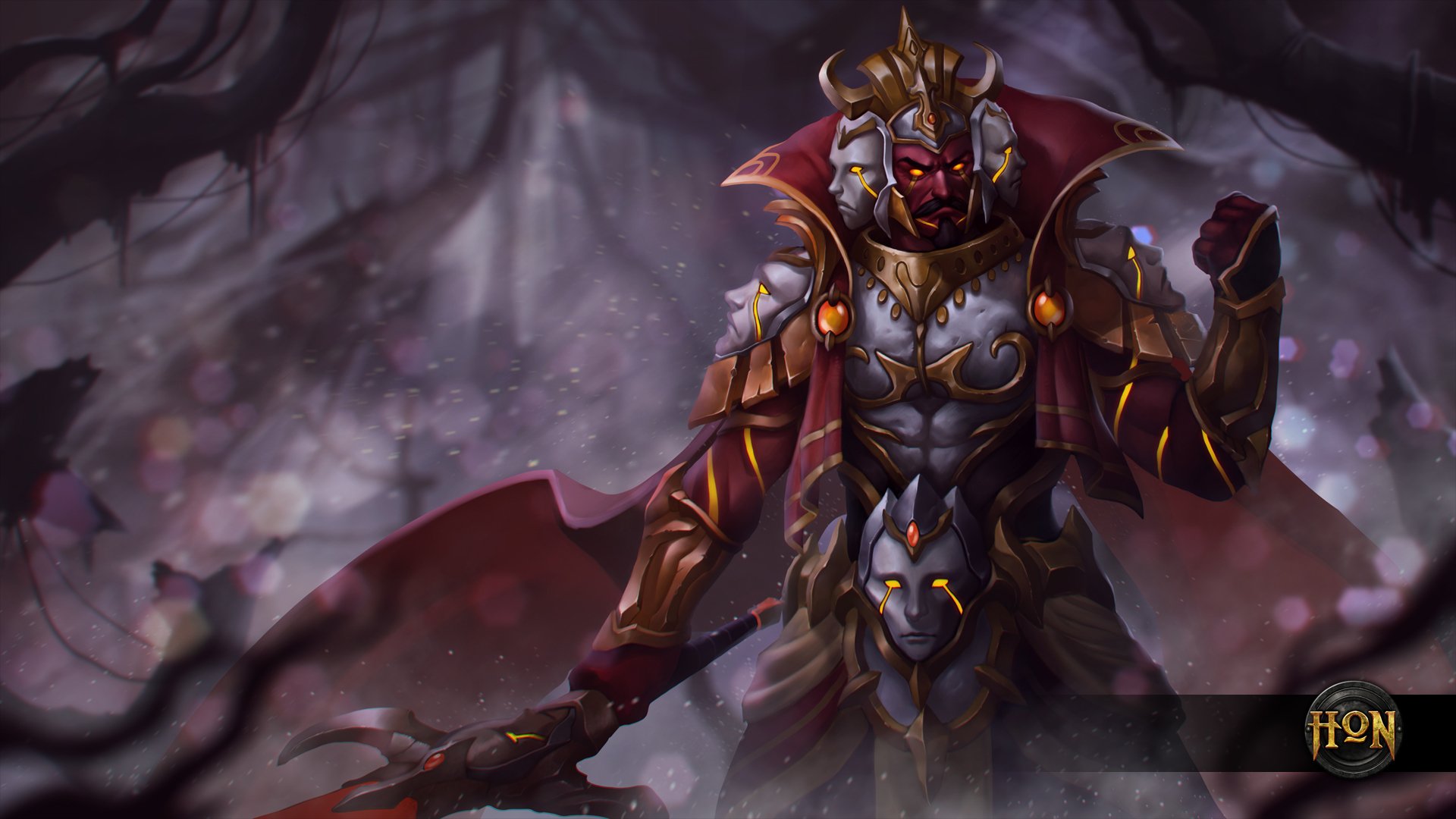 HD desktop wallpaper featuring a dark, armored character from the video game Heroes of Newerth in a shadowy, mystical environment.