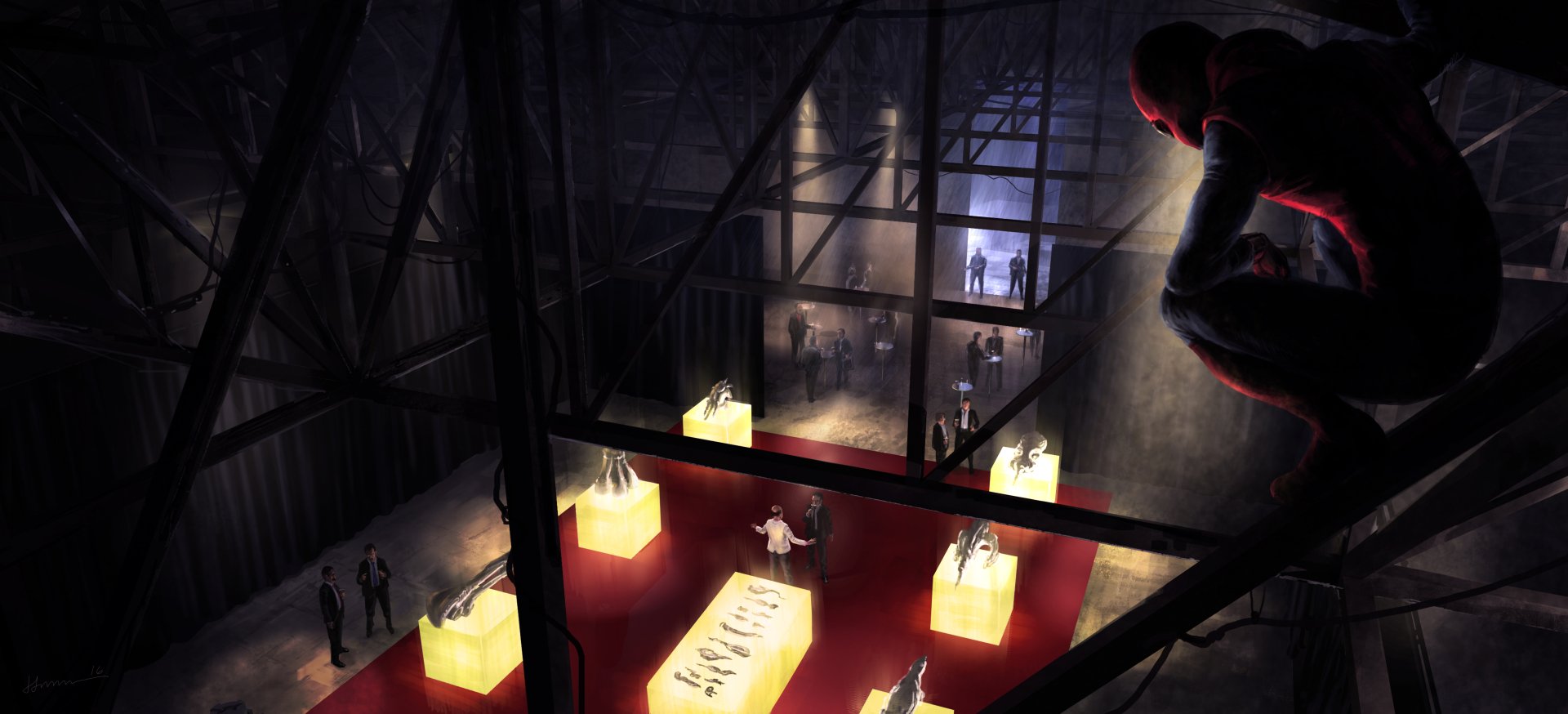 A dramatic scene from Spider-Man: Homecoming, featuring Spider-Man perched above an exhibit with glowing displays, observing people below in a shadowy environment. 4K Ultra HD desktop wallpaper.