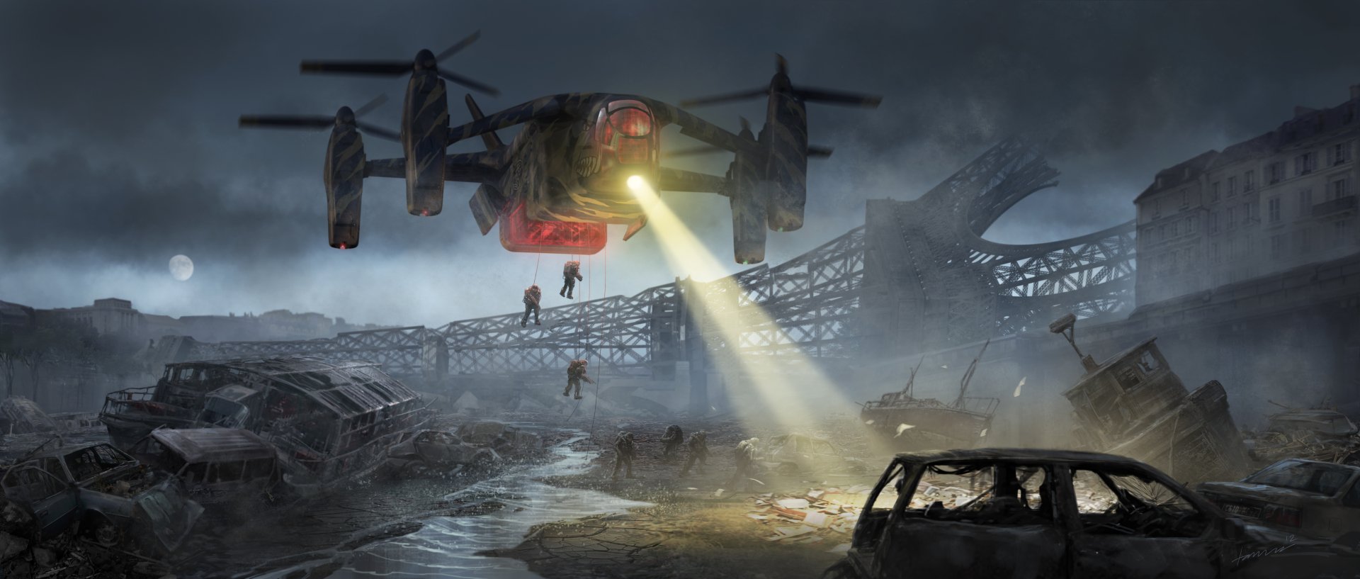 4K Ultra HD desktop wallpaper inspired by the movie Edge of Tomorrow, depicting a futuristic aircraft shining a spotlight over a war-torn battlefield with soldiers below.