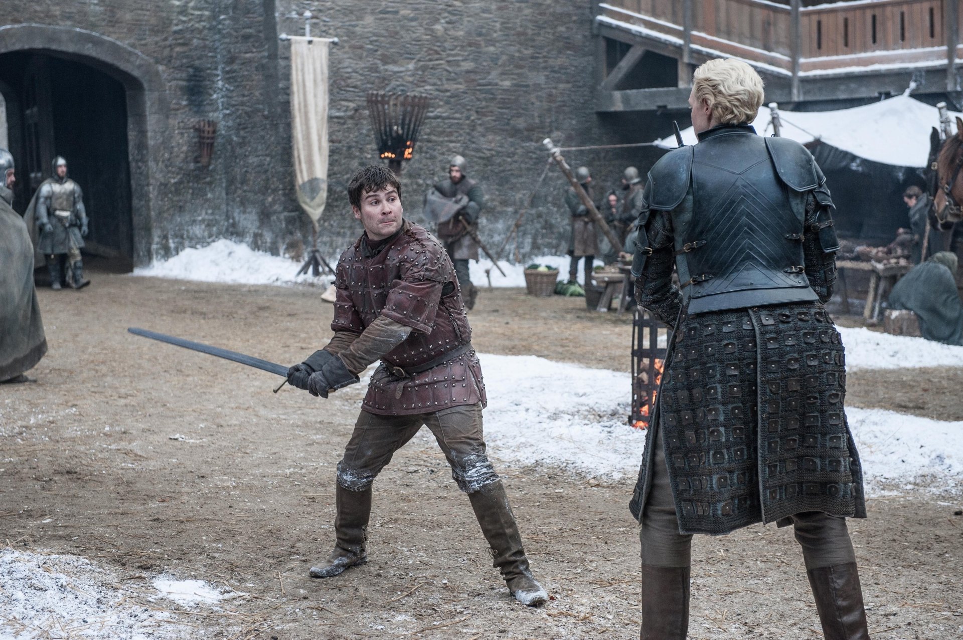 Download Gwendoline Christie Brienne Of Tarth Daniel Portman Podrick Payne TV Show Game Of Thrones 4k Ultra HD Wallpaper