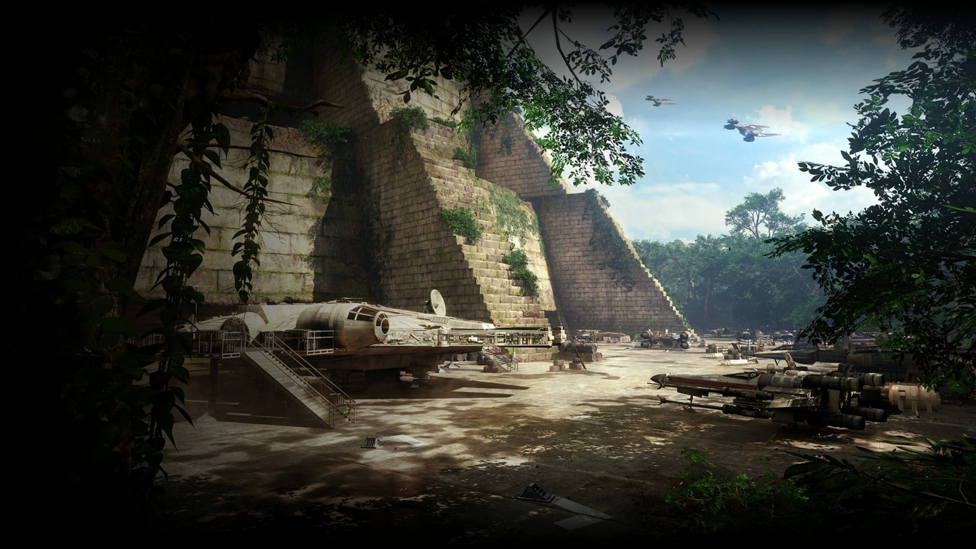 HD PC desktop wallpaper featuring the Millennium Falcon from Star Wars Battlefront II (2017) in a lush, ancient jungle setting.