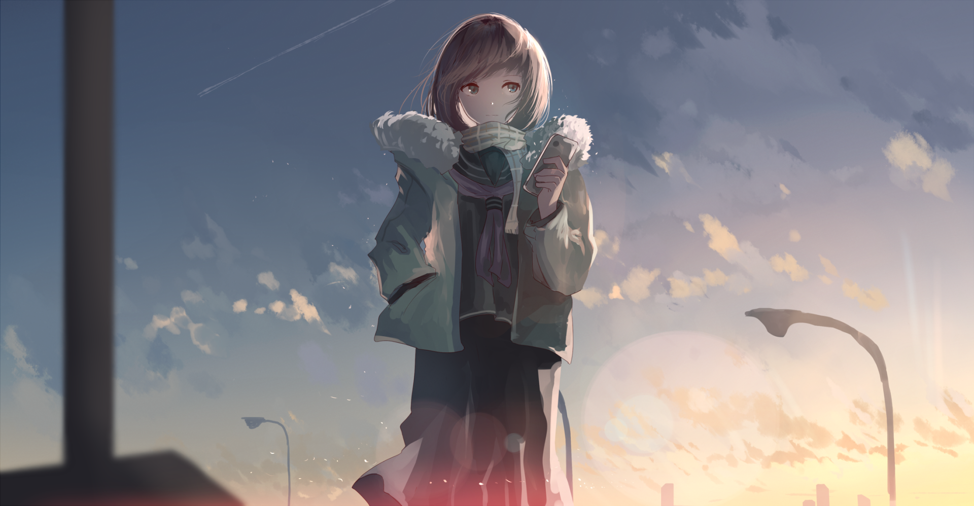 Anime-style HD desktop wallpaper of a short-haired girl wearing a scarf and winter coat, holding a phone against a cold, softly lit outdoor background.