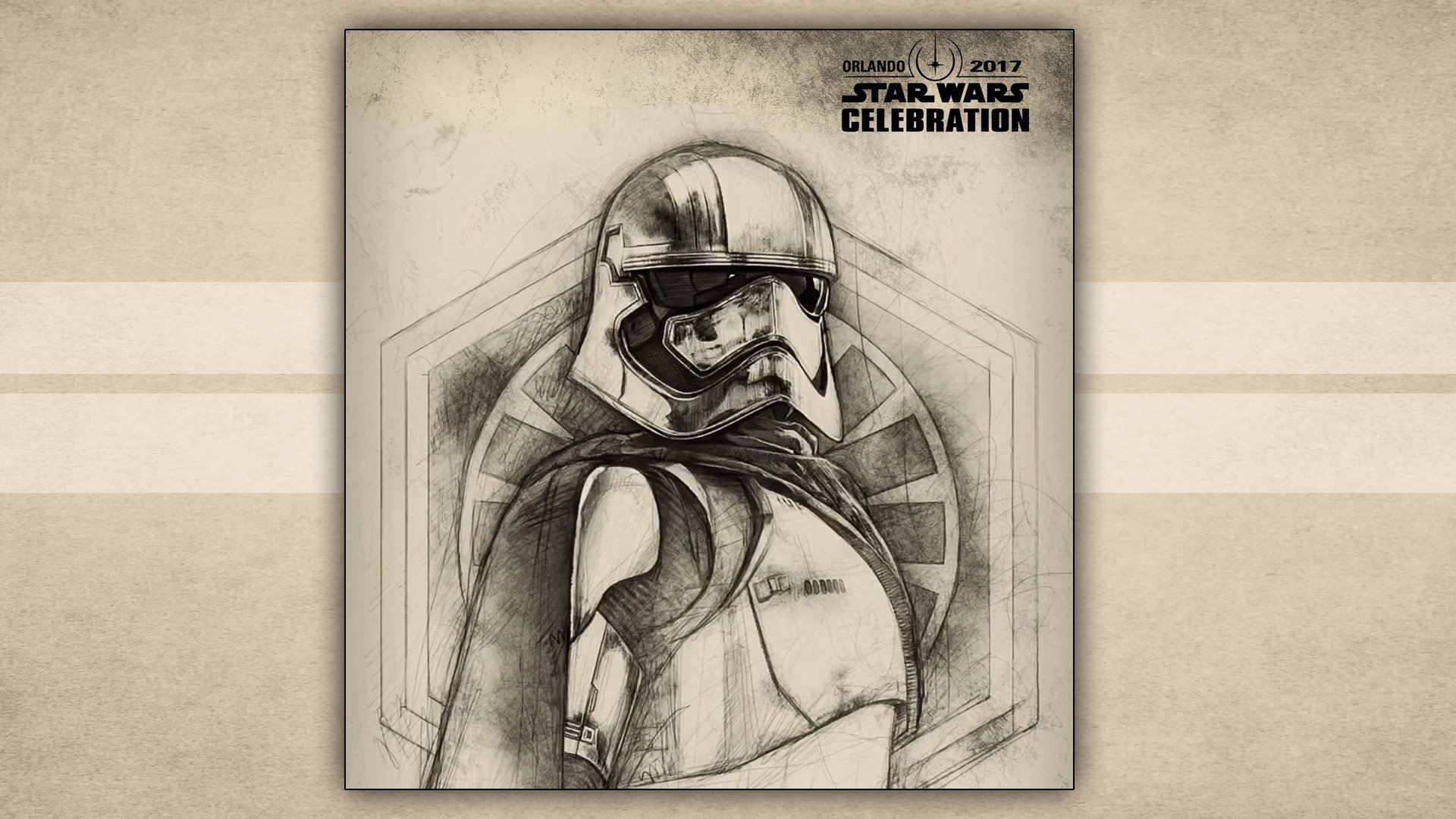 HD PC desktop wallpaper featuring a detailed sketch of Captain Phasma from Star Wars, commemorating the 2017 Star Wars Celebration event.