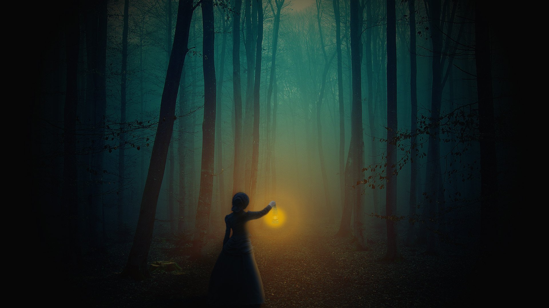 HD PC desktop wallpaper — photography/manipulation of a silhouetted figure holding a glowing orb in a misty, teal-lit forest.