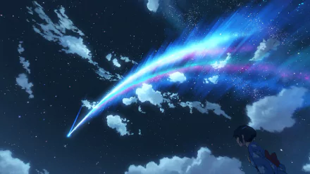 An HD desktop wallpaper and background from the anime Your Name, featuring a night sky with a bright streaking comet and a reflective character gazing upwards.