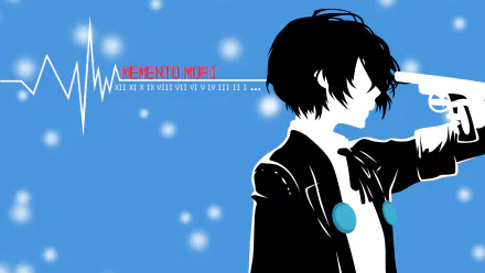 HD PC desktop wallpaper featuring a stylized silhouette of Minato Arisato from the video game Persona 3 against a blue background with heartbeat line and text Memento Mori.