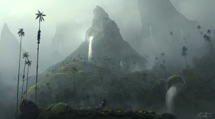 A fantasy landscape featuring misty mountains, towering trees, cascading waterfalls, and dense fog, creating a mysterious and atmospheric HD PC desktop wallpaper.