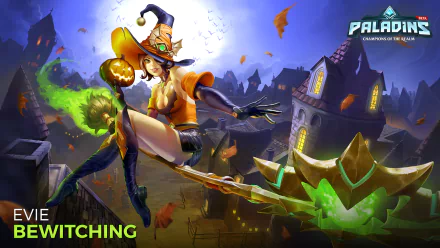 A vibrant HD wallpaper featuring a character from the video game Paladins, dressed as a witch and wielding a scythe, set against a spooky backdrop of a haunted village.
